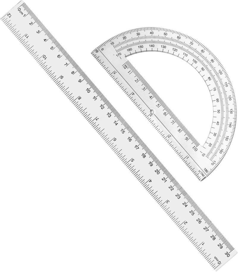 Tdfronien 2 Packs 12 Inch Plastic Ruler and 6 Inch Plastic Protractor Set Clear Math Geometry Set Classroom Set Angle Detector School Supplies Classroom Ruler Home Office Drawings (Transparent) - Image 1